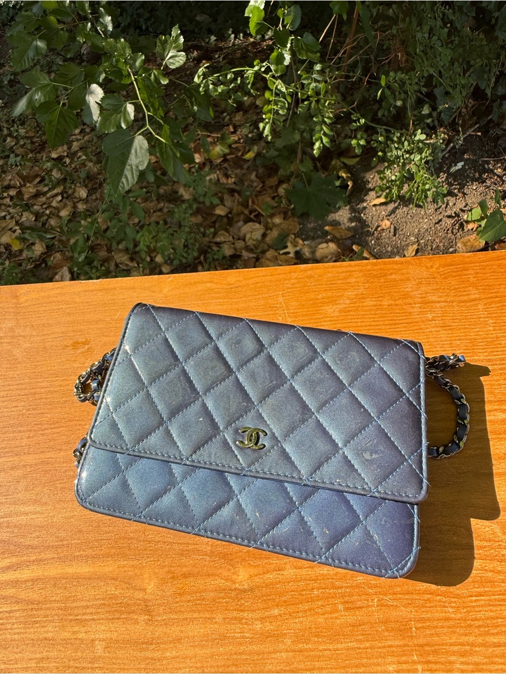 CHANEL Quilted Blue Leather Crossbody Bag with Chain Strap
